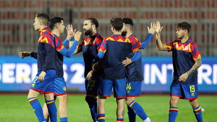 ANNABA, ALGERIA - MARCH 21: Jordi Rubio Gomez and Adrian da Costa of Andorra congratulate team mates after the warm up prior to the FIFA Series 2024 Algeria match between Andorra and South Africa at Stade 19 Mai 1956 on March 21, 2024 in Annaba, Algeria. (Photo by Richard Pelham - FIFA/FIFA via Getty Images)