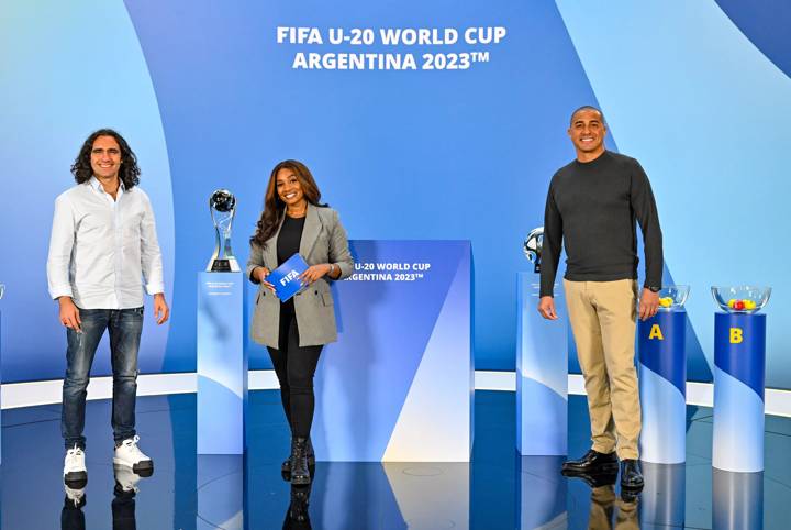 FIFA U-20 World Cup Argentina 2023 Draw - Presenter Samantha Johnson with FIFA Legends (and Draw Assistants), Juan Pablo Sorin & David Trezeguet 