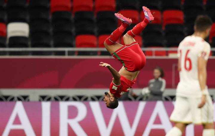 Khalid Al Hajri of Oman celebrates after scoring their team's third goal during the FIFA Arab Cup Qatar 2021 Group A match between Oman and Bahrain 