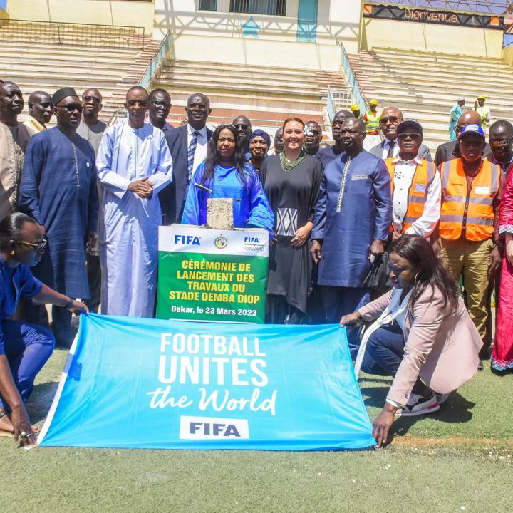 DAKAR, SENEGAL - MARCH 22:   Fatma Samoura,  Secretary General of FIFA, Sarai Bareman- Chief Womens Football Officer at FIFA and Augustin E. Senghor président Fédération sénégalaise de football at the Foundation stone laying ceremony at the Demba Diop stadium during the Official visit of the FIFA Secretary General to Senegal on march 22, 2023 in Dakar, Senegal. Photo by Baye Niass