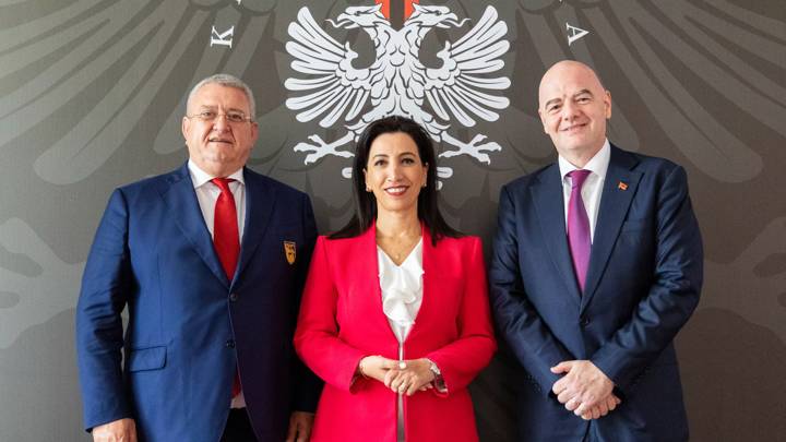 TIRANA, ALBANIA - SEPTEMBER 29: FIFA President Gianni Infantino (R) with Albanian Football Association President Armand Duka (L) and Minister of Education, Youth and Sports of Albania Evis Kushi (C) during a FIFA Visit to Albania on September 29, 2022 in Tirana, Albania. (Photo by Albania Football Association)