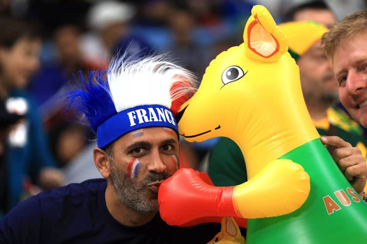 AL WAKRAH, QATAR - NOVEMBER 22: A fan enjoys the pre match atmosphere prior to the FIFA World Cup Qatar 2022 Group D match between France and Australia at Al Janoub Stadium on November 22, 2022 in Al Wakrah, Qatar. (Photo by Buda Mendes/Getty Images)