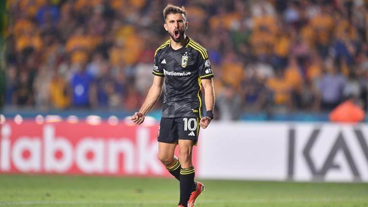 MONTERREY, MEXICO - APRIL 09: Diego Rossi of Columbus Crew celebrates after scoring the team's first penalty during the CONCACAF Champions Cup 2024 quarterfinals second leg between Tigres and Columbus Crew at Universitario Stadium on April 9, 2024 in Monterrey, Mexico. (Photo by Azael Rodriguez/Getty Images)