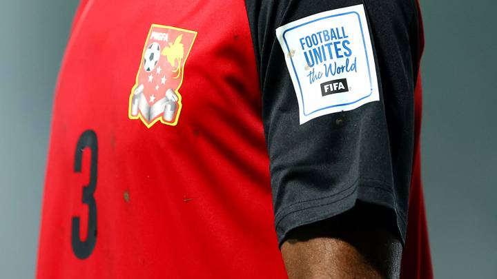 COLOMBO, SRI LANKA - MARCH 22: A Football Unites the World badge is seen during the FIFA Series 2024 Sri Lanka match between Sri Lanka and Papua New Guinea at Race Course Ground on March 22, 2024 in Colombo, Sri Lanka. (Photo by Pakawich Damrongkiattisak - FIFA/FIFA via Getty Images)