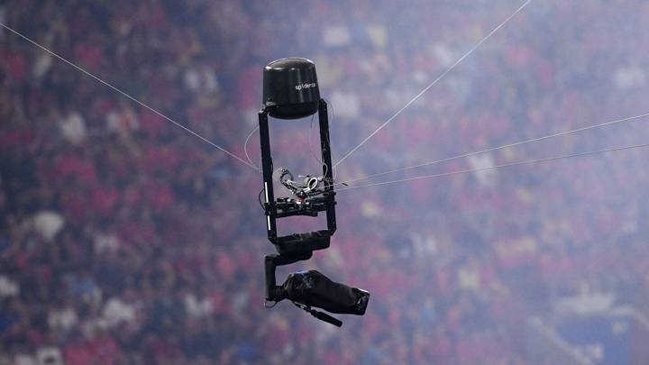 MUNICH, GERMANY - JULY 09: A detailed view of the Spidercam TV Camera prior to the UEFA EURO 2024 Semi-Final match between Spain and France at Munich Football Arena on July 09, 2024 in Munich, Germany. (Photo by Matthias Hangst/Getty Images)