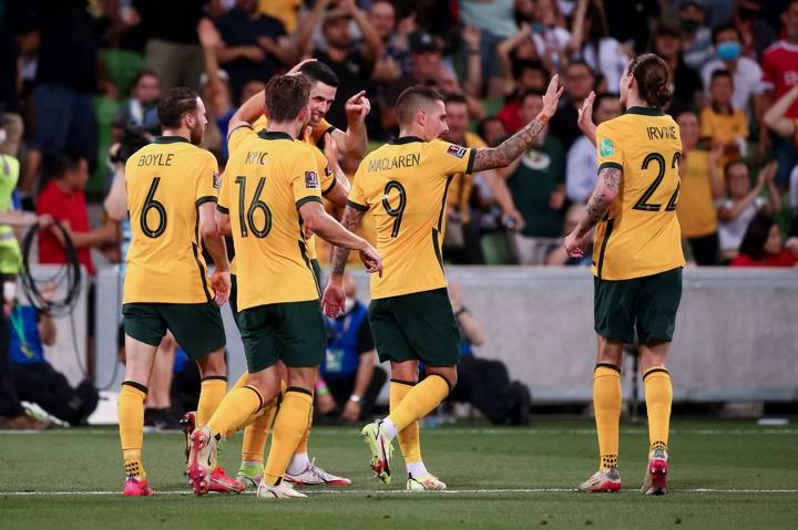 Australia celebrate a goal during the World Cup Qualifier football match between Australia Socceroos and Vietnam.