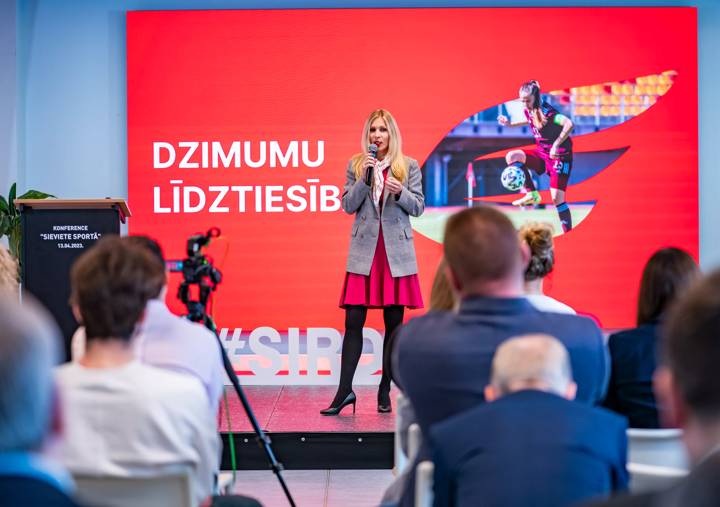 Nina Travkina, Latvia Football Federation's Head of Football Development Department speaks at a Women in Sport conference in Riga