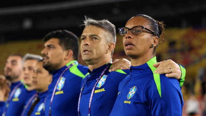 BOGOTA, COLOMBIA - SEPTEMBER 06: Rosana, Head Coach of Brazil, lines up for the national anthem prior to the FIFA U-20 Women's World Cup Colombia 2024 match between Canada and Brazil at Estadio El Campin on September 06, 2024 in Bogota, Colombia.  (Photo by Buda Mendes - FIFA/FIFA via Getty Images)