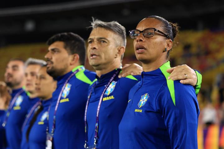 Rosana, Head Coach of Brazil, lines up for the national anthem