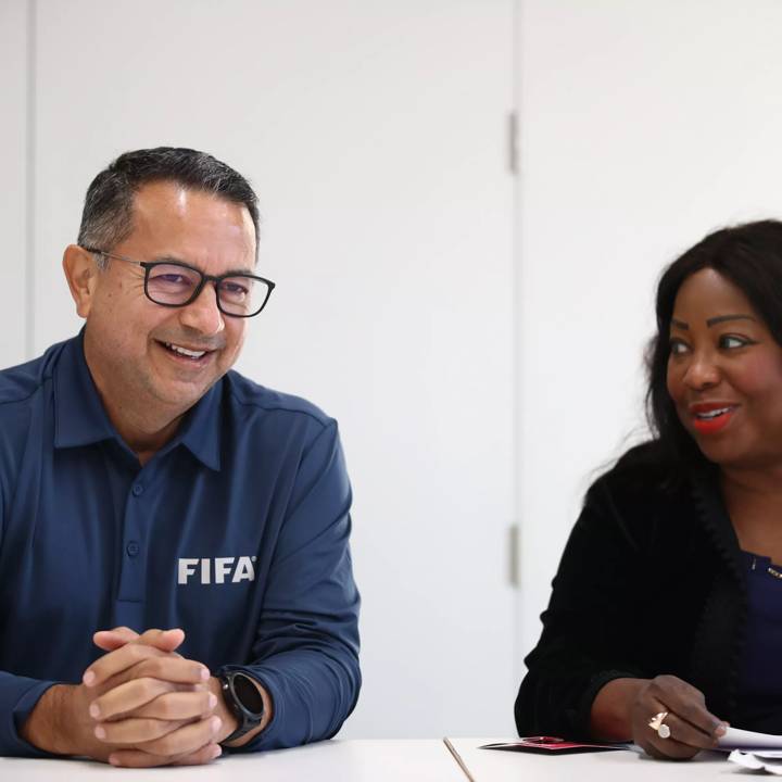 CHRISTCHURCH, NEW ZEALAND - JUNE 16: Rodolfo Villalobos President of Costa Rica Football and FIFA Secretary General Fatma Samoura visits the team base camp for Costa Rica at  Nga Puna Wai Sports Hub on June 16, 2023 in Christchurch, New Zealand. (Photo by Fiona Goodall - FIFA/FIFA via Getty Images)