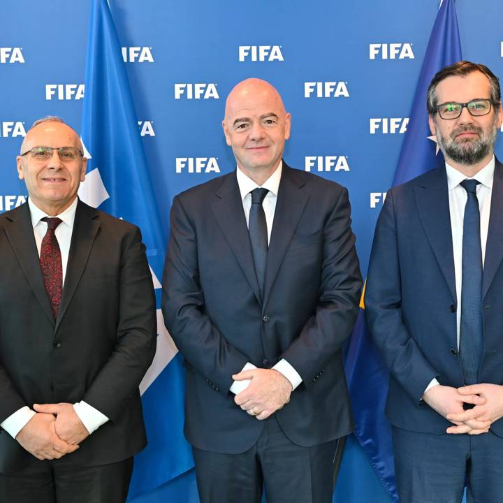 Zurich, Switzerland - JANUARY 19: FIFA President Gianni Infantino (C) with Kosovo Football Federation President Agim Ademi (L) and Kosovo Minister of Culture, Youth and Sport Hajrulla Çeku (R)  during a meeting at HoF, Home of Football, on January 19, 2023 in Zurich, Switzerland. (Photo by Harold Cunningham/FIFA)