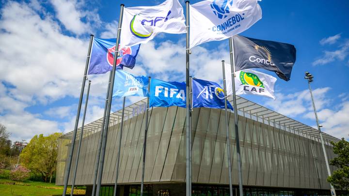 ZURICH, SWITZERLAND - APRIL 24: A view of the FIFA flag alongside the Confederation flags and the Football Unites the World flag during the FTC Women's Football Filming at HoF, Home of FIFA on April 24, 2023 in Zurich, Switzerland. (Photo by Harold Cunningham/FIFA)