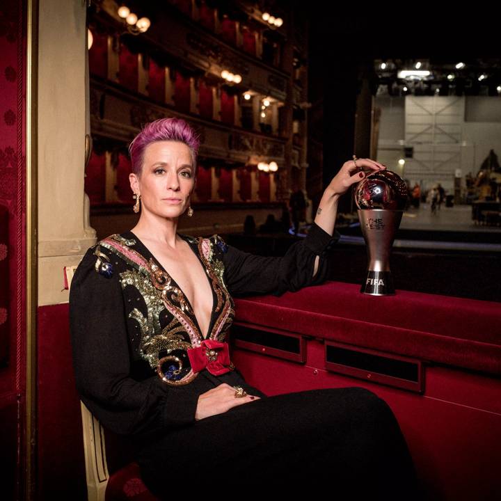 MILAN, ITALY - SEPTEMBER 23:  Megan Rapinoe of Reign FC and United States poses for a photo with her The FIFA Best Women's Player Award following The Best FIFA Football Awards 2019 at Teatro Alla Scala on September 23, 2019 in Milan, Italy. (Photo by Gareth Cattermole - FIFA/FIFA via Getty Images)