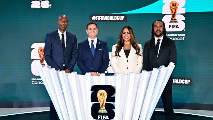 ZURICH, SWITZERLAND - JANUARY 25: (L-R) Draw Assistant Paulo Wanchope, FIFA Chief Tournament Officer - USA and Draw Conductor Manolo Zubiria, Presenter Alexis Nunes and Draw Assistant Ricardo Gardner after the Concacaf Qualifiers for FIFA World Cup 2026 - Preliminary Draw at Home of FIFA on January 25, 2024 in Zurich, Switzerland. (Photo by Harold Cunningham/FIFA)