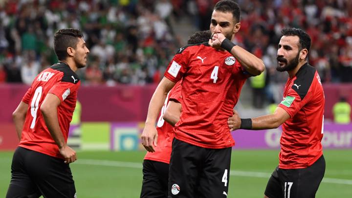 AL WAKRAH, QATAR - DECEMBER 07: Amro Elsoulia of Egypt celebrates after scoring their team's first goal during the FIFA Arab Cup Qatar 2021 Group D match between Algeria and Egypt at Al Janoub Stadium on December 07, 2021 in Al Wakrah, Qatar. (Photo by David Ramos - FIFA/FIFA via Getty Images)