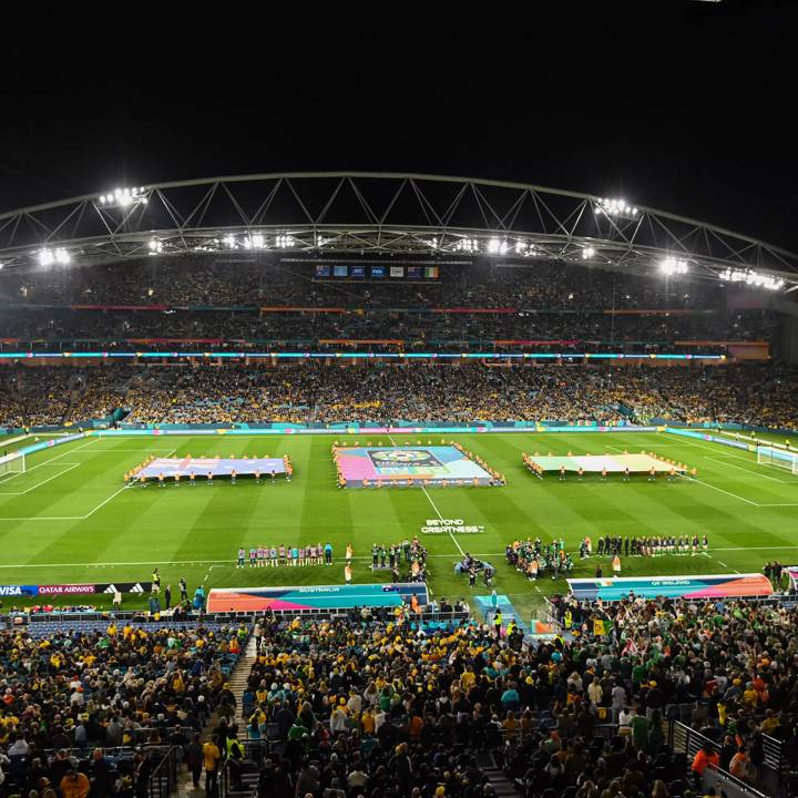 A general view showing the pitch and the stands prior to the start of the Australia and New Zealand 2023 Women's World Cup Group B football match between Australia and Ireland at Stadium Australia, also known as Olympic Stadium, in Sydney on July 20, 2023. (Photo by Izhar KHAN / AFP) (Photo by IZHAR KHAN/AFP via Getty Images)