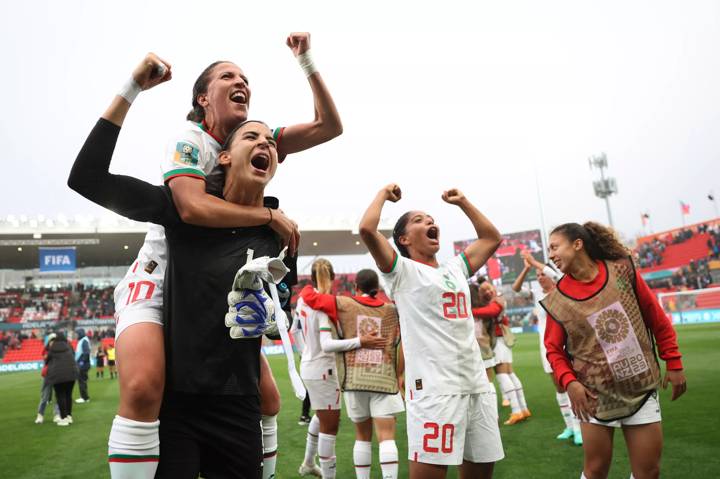 Morocco players celebrate after the team's 1-0 victory in the FIFA Women's World Cup Australia & New Zealand 2023 Group H match between Korea Republic and Morocco