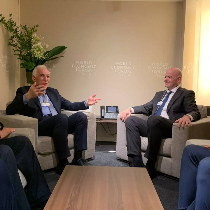 DAVOS, SWITZERLAND – May 24: FIFA President Gianni Infantino (R) and President of Armenia Vahagn Khachaturyan (L) at the World Economic Forum Annual Meeting on May 24, 2022 in Davos, Switzerland.