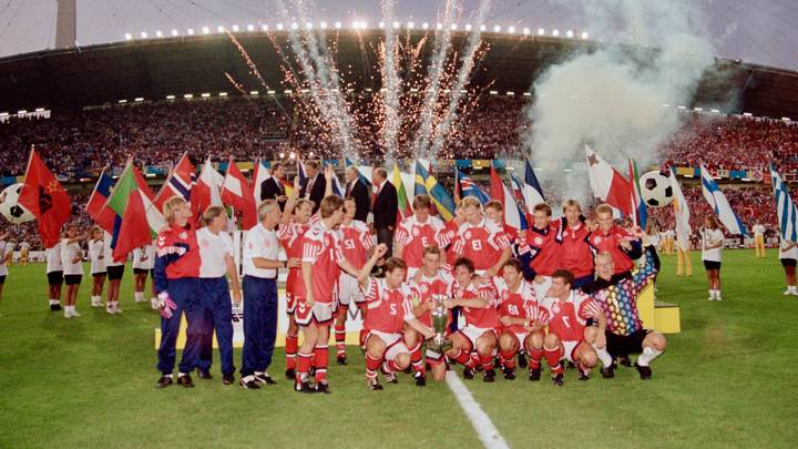 Fireworks go off as the Denmark team begin their celebrations after the UEFA European Championships 1992 Final between Denmark and Germany