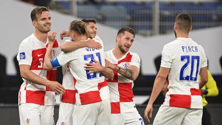 CAIRO, EGYPT - MARCH 26: Andrej Kramaric of Croatia celebrates scoring his team's third goal with teammates during the FIFA Series 2024 Egypt match between Croatia and Egypt at 30 June Stadium on March 26, 2024 in Cairo, Egypt. (Photo by Tullio Puglia - FIFA/FIFA via Getty Images)