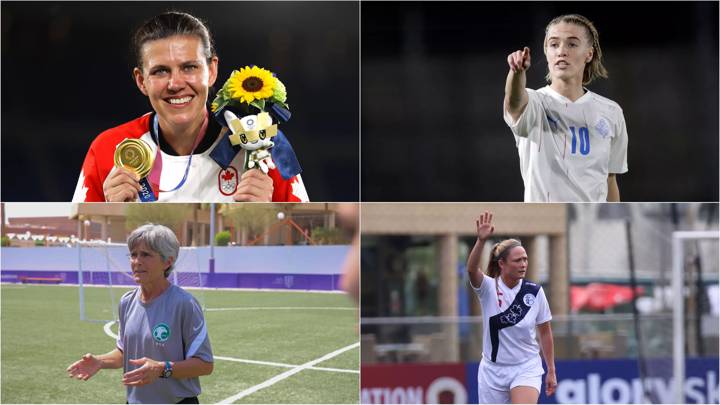 Christine Sinclair, Dagny Brynjarsdottir, Monika Staab and Samantha Kaufman (Guam)