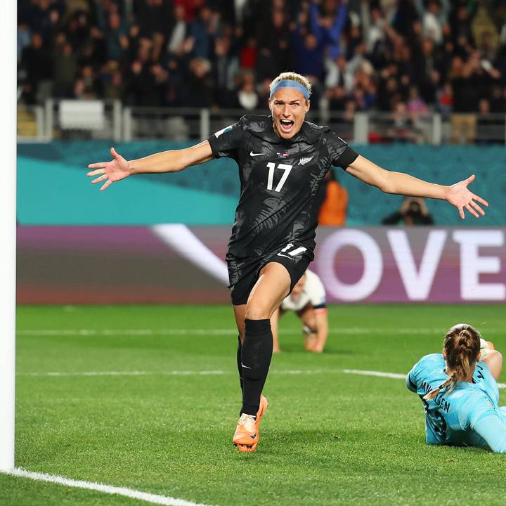 AUCKLAND, NEW ZEALAND - JULY 20: Hannah Wilkinson of New Zealand celebrates after scoring her team's first goal during the FIFA Women's World Cup Australia & New Zealand 2023 Group A match between New Zealand and Norway at Eden Park on July 20, 2023 in Auckland, New Zealand. (Photo by Phil Walter/Getty Images)