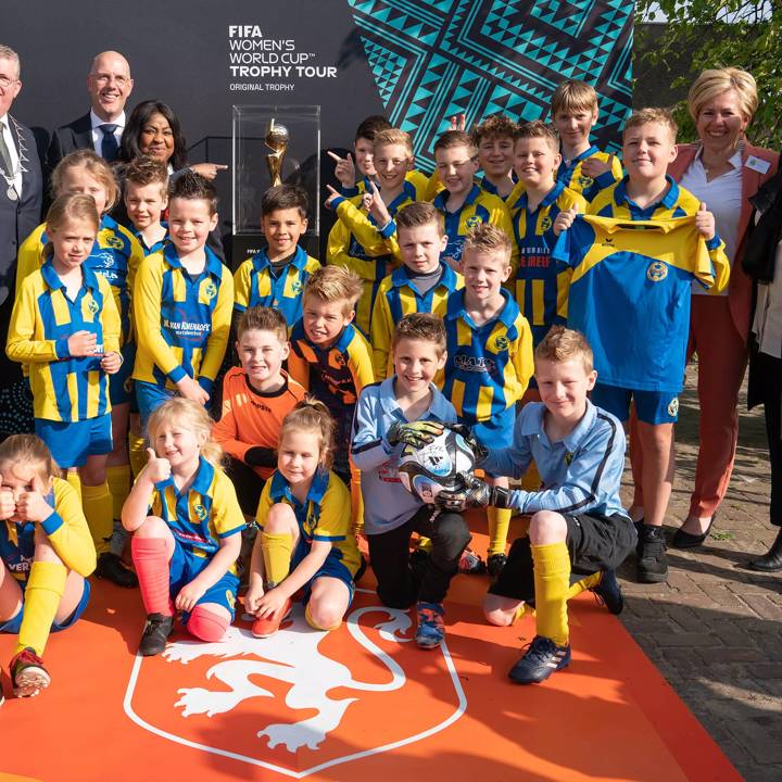 SINT-OEDENRODE, NETHERLANDS - MAY 18: The FIFA Women's World Cup 2023 Trophy Tour at VV Nijnsel on May 18, 2023 in Sint-Oedenrode, Netherlands. (Photo courtesy of KNVB)