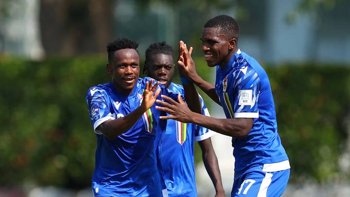 COLOMBO, SRI LANKA - MARCH 25: Yawanendji Christian Theodore of Central African Republic celebrates scoring his team's first goal with Godame Tieri during the FIFA Series 2024 Sri Lanka match between Central African Republic and Papua New Guinea at Race Course Ground on March 25, 2024 in Colombo, Sri Lanka. (Photo by Pakawich Damrongkiattisak - FIFA/FIFA via Getty Images)