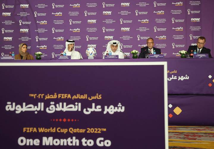 Nasser al-Khater (2nd L), the chief executive of the FIFA World Cup Qatar 2022 organisation, Yasir al-Jamal (C), the chairman of the operations office of Qatar's Supreme Committee and Colin Smith (2nd R), FIFA's World Cup chief operating officer, give a press conference in Doha