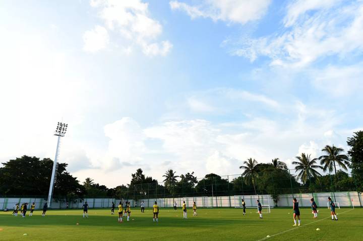 Players of Brazil warm up during a training session at Capital Football Arena