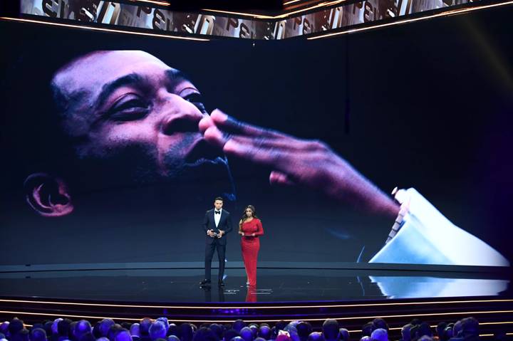 Jermaine Jenas and Samantha Johnson speak to the audience during The Best FIFA Football Awards 2022