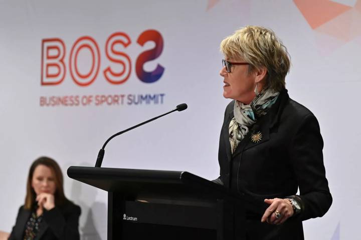 Image > Jane Patterson, COO FIFA Women’s World Cup (New Zealand) presents joint keynote at the Business of Sport Summit in Sydney.