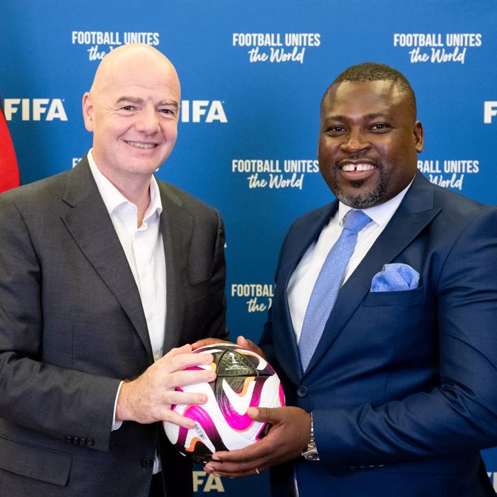 JEDDAH, SAUDI ARABIA - DECEMBER 20: FIFA President Gianni Infantino (L) poses for a photo with Football Association Of Malawi President Fleetwood Haiya during a meeting on December 20, 2023 in Jeddah, Saudi Arabia. (Photo by Harold Cunningham/FIFA)