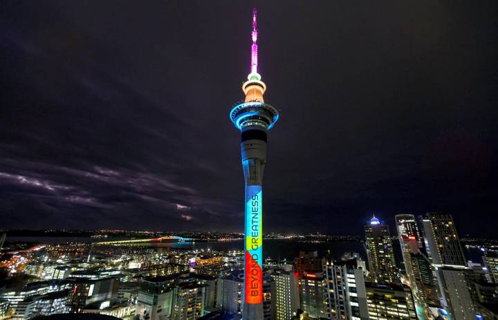 AUCKLAND, NEW ZEALAND - JULY 20: The Auckland Sky Tower picture during a FIFA Women's World Cup 'One Year To Go' event on July 20, 2022 in Auckland, New Zealand.  (Photo by Phil Walter/Getty Images for FIFA)