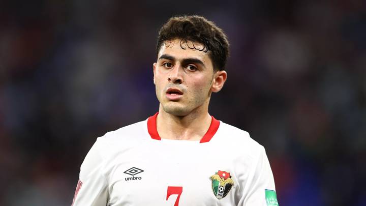 DOHA, QATAR - DECEMBER 07: Mohammad Abu Zraiq of Jordan looks on during the FIFA Arab Cup Qatar 2021 Group C match between Jordan and Palestine at Stadium 974 on December 07, 2021 in Doha, Qatar. (Photo by Francois Nel - FIFA/FIFA via Getty Images)