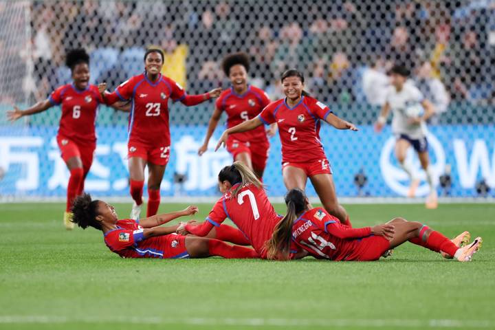 Marta Cox of Panama celebrates with teammates after scoring her team's first goal during the FIFA Women's World Cup Australia & New Zealand 2023