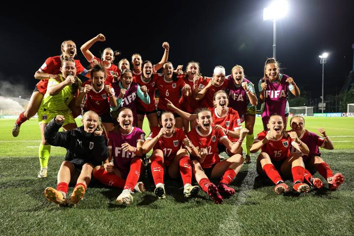 Players of Austria celebrates after winning the FIFA U-20 Women's World Cup Colombia 2024 match vs Ghana