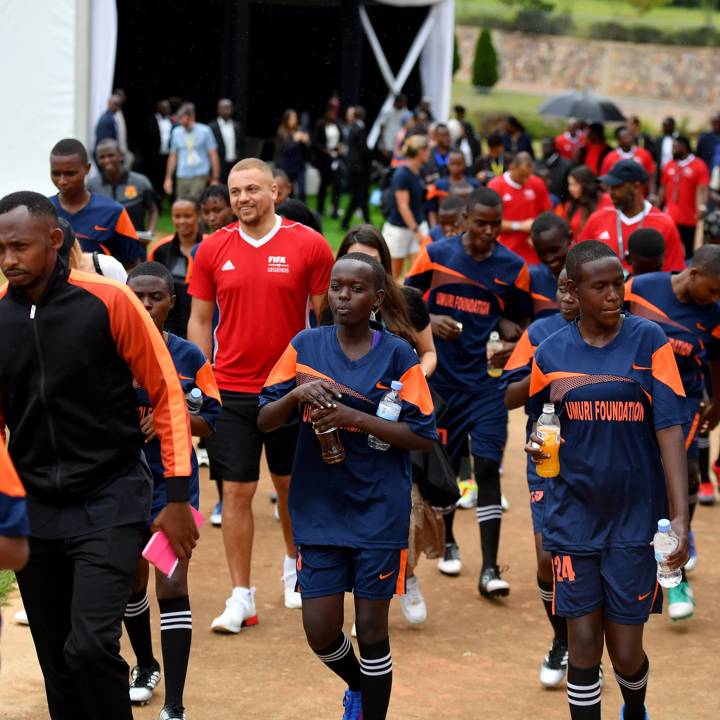 KIGALI, RWANDA - MARCH 14: Young footballers during an event as part of the 73rd FIFA Congress at Canal Olympia on March 14, 2023 in Kigali, Rwanda. (Photo by Tom Dulat - FIFA/FIFA via Getty Images)