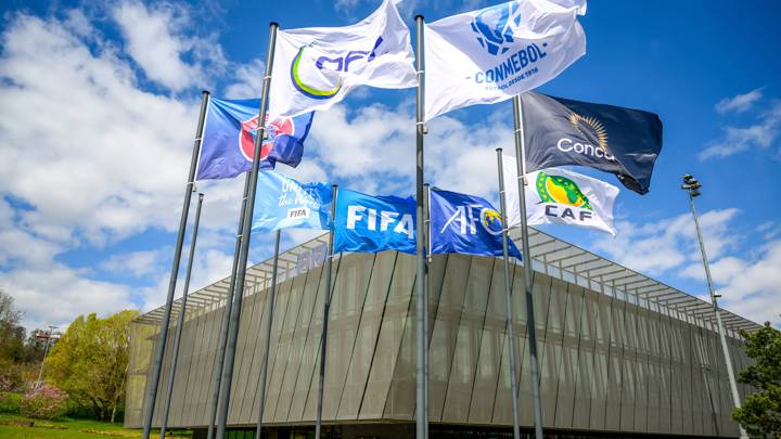 ZURICH, SWITZERLAND - APRIL 24: A view of the FIFA flag alongside the Confederation flags and the Football Unites the World flag during the FTC Women's Football Filming at HoF, Home of FIFA on April 24, 2023 in Zurich, Switzerland. (Photo by Harold Cunningham/FIFA)