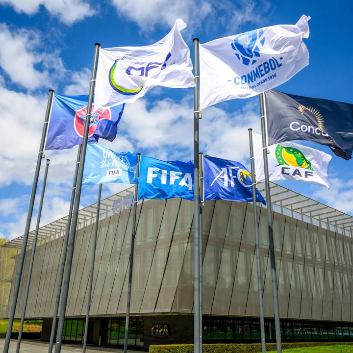 ZURICH, SWITZERLAND - APRIL 24: A view of the FIFA flag alongside the Confederation flags and the Football Unites the World flag during the FTC Women's Football Filming at HoF, Home of FIFA on April 24, 2023 in Zurich, Switzerland. (Photo by Harold Cunningham/FIFA)