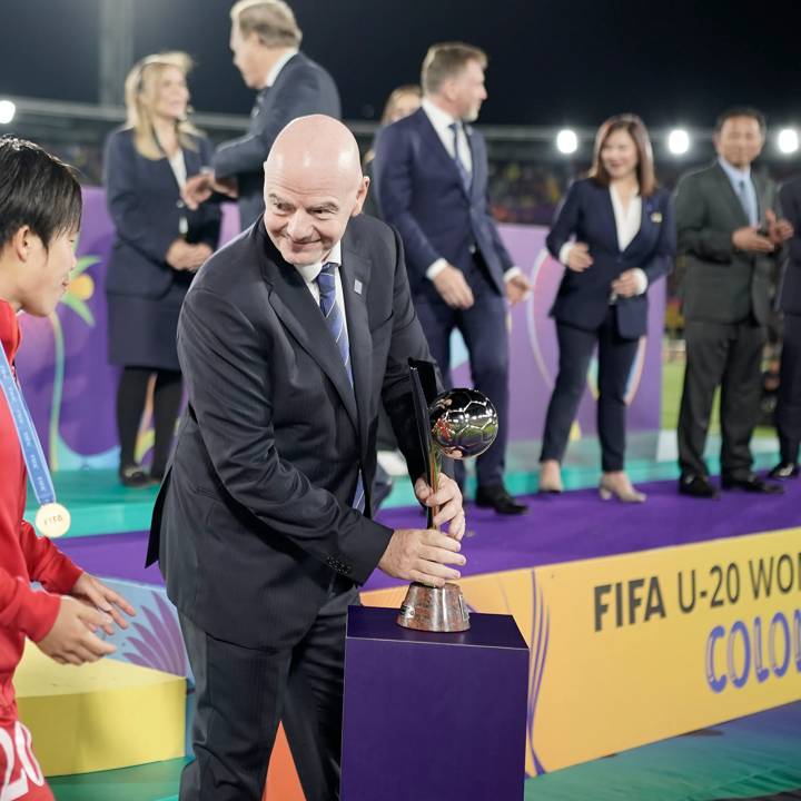 BOGOTA, COLOMBIA - SEPTEMBER 22: President of FIFA Gianni Infantino during the medal ceremony after the FIFA U-20 Women's World Cup Colombia 2024 Final match between Korea DPR and Japan at Estadio El Campin on September 22, 2024 in Bogota, Colombia.  (Photo by Diego Cuevas - FIFA/FIFA via Getty Images)