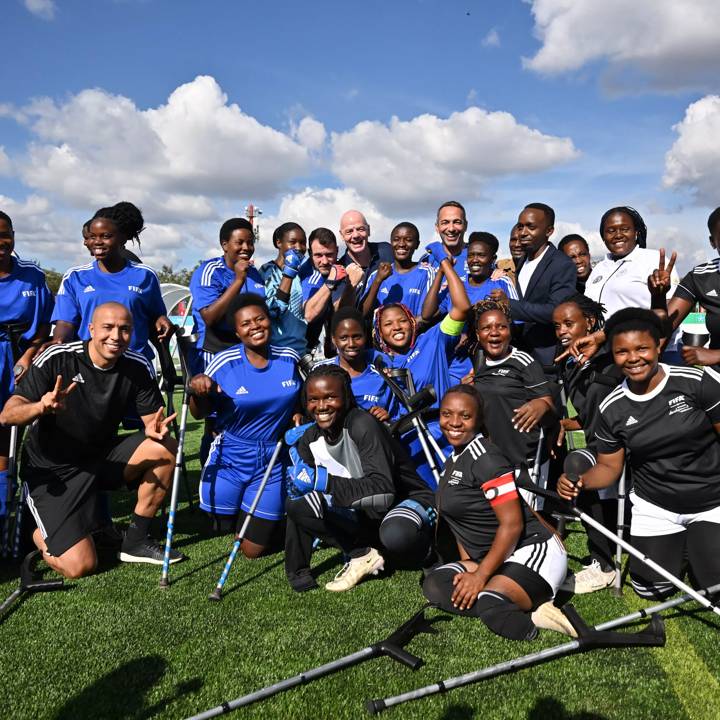 KIGALI, RWANDA - MARCH 16: A group photo during the WAFF Women Amputee Football event during the 73rd FIFA Congress at Kigali Pelé Stadium at Kigali Pelé Stadium on March 16, 2023 in Kigali, Rwanda. (Photo by Harold Cunningham/FIFA)