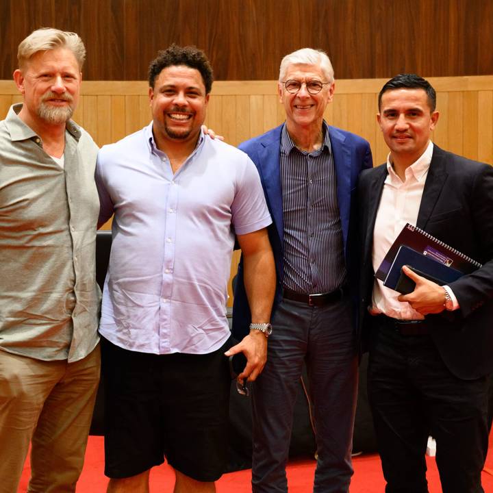 DOHA, QATAR - SEPTEMBER 09: Peter Schmeichel, Ronaldo, FIFA Chief of Global Football Development Arsene Wenger and Tim Cahill during the FIFA Technical Advisory Group on the future of men’s football sessions press conference on September 9, 2021 in Doha, Qatar. (Photo by Harold Cunningham - FIFA)