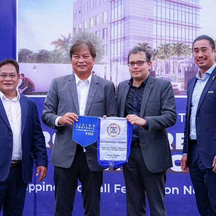 
Dignitaries take to the podium at the ground-breaking ceremony of PFF (Philippines Football Federation) new headquarter. From left to right are: PFF General Secretary Atty. Edwin B. Gastanes, PFF President and FIFA Council Member Mariano V. Araneta Jr., FIFA Regional Director Asia and Oceania Sanjeevan Balasingam and FIFA DO Project Coordinator Niko Nhouvannasak. 
