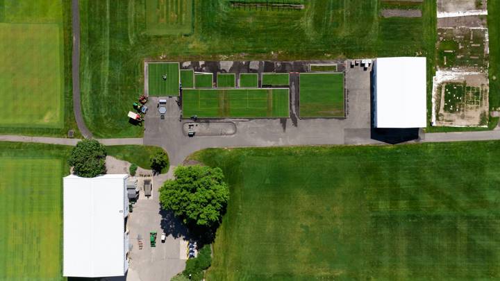 EAST LANSING, UNITED STATES: Drone view of the MSU Hancock Turfgrass Research Center Turfgrass plot during the Second FIFA World Cup 26 Turf Research Day at Michigan State University in East Lansing, United States. (Photo by Nick Schrader/MSU)