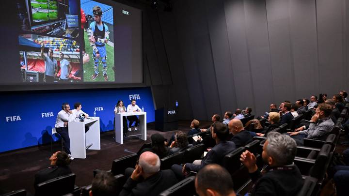 ZURICH, SWITZERLAND - OCTOBER 18:(L-R) FIFA Football Quality Programme Manager Mickael Benetti, FIFA Consultant FIFA Quality Programme Footballs & Football Goals Eduardo Tavares, FIFA Junior Football Quality Programme Manager Zeina Hamarsha and FIFA Football Quality Programme Manager Tom Parkinson on stage during the FIFA Quality Programme Conference & FIFA Research Symposium at HoF, Home of FIFA on October 18, 2023 in Zurich, Switzerland. (Photo by Harold Cunningham/FIFA)