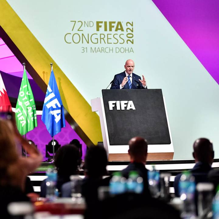 DOHA, QATAR - MARCH 31: FIFA President Gianni Infantino speaks during the 72nd FIFA Congress at Doha Exhibition and Convention Center on March 31, 2022 in Doha, Qatar. (Photo by Harold Cunningham - FIFA / FIFA via Getty Images)