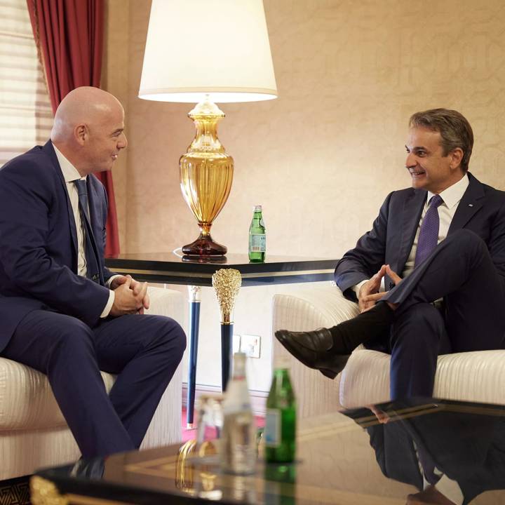 DOHA, QATAR - AUGUST 22: FIFA President Gianni Infantino and Prime Minister of the Hellenic Republic Kyriakos Mitsotakis meet on August 22, 2022 in Doha, Qatar. (Photo by Dimitris Papamitsos/Greek Prime Minister's Office)