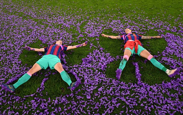 Marta Torrejon and Jenni Hermoso celebrate Barcelona's victory in the UEFA Women's Champions League