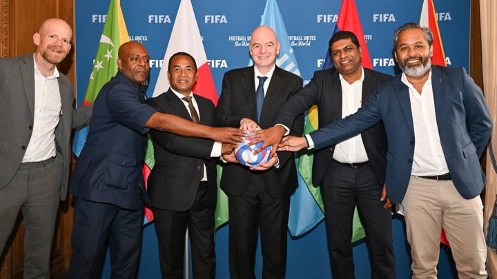 PARIS, FRANCE - AUGUST 05: (L-R) FIFA Secretary General Mattias Grafström, Comoros Football Federation President Said Athouman, Malagasy Football Federation President Alfred Randriamanampisoa, FIFA President Gianni Infantino, Mauritius Football Association President Samir Sobha and The Seychelles Football Federation President Elvis Chetty during a meeting between FIFA and the Football Associations of Mauritius, Comoros, Seychelles and Madagascar at FIFA's Paris office on August 05, 2024 in Paris, France. (Photo by Harold Cunningham/FIFA)